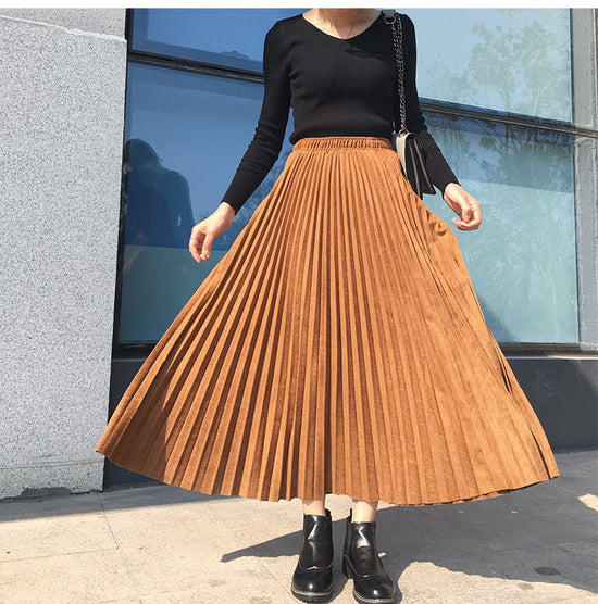 Deerskin Velvet Pleated Skirt Female High-waisted A-line Skirt All-match Big Hem