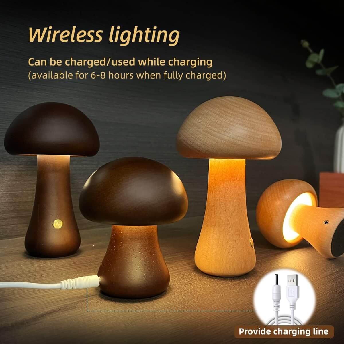 Veilleuse LED champignon en bois–Wooden Mushroom LED Night Light 